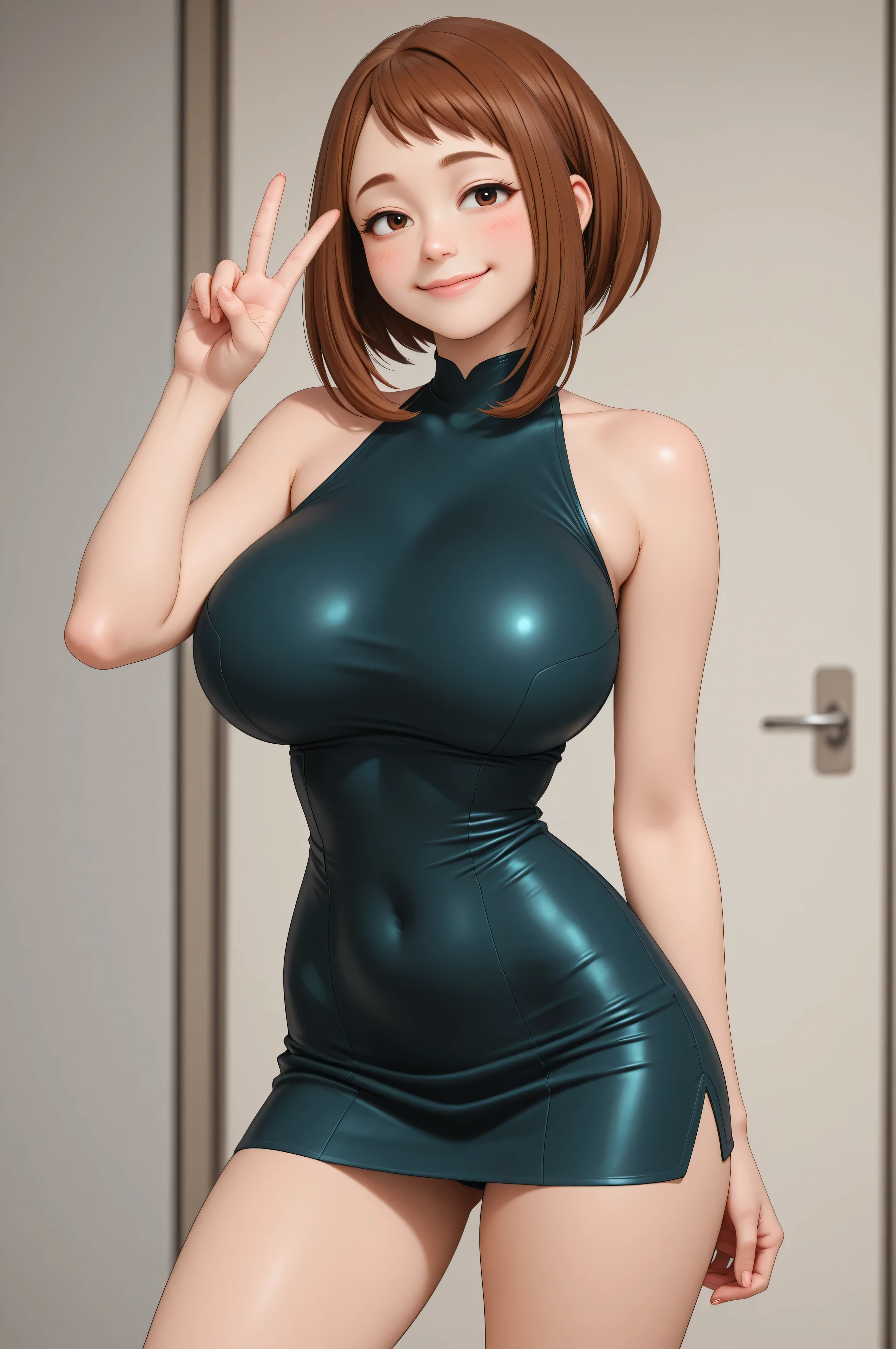 Highest quality、High resolution、Detailed Background、Beautiful Face、High detail、(Perfect Anatomy, Perfect Style)、(Detailed facial expressions)、(fine grain:1.2)、Teenage Beauty、One Girl、primary school, student, Cute black hair、Braided Bob, Braided, clear, deep blue eyes、Braided Ponytail, Braided bob cut, (Standing position with legs spread wide:1.4), ((shoot from below:1.5, looking at viewer)), (Tight latex suit:1.5, No sleeve:1.5)、(armpit:1.5), (large breasts:1.2, pointy breasts:1.4), Outdoor swimming pool, Nothing in my hands,