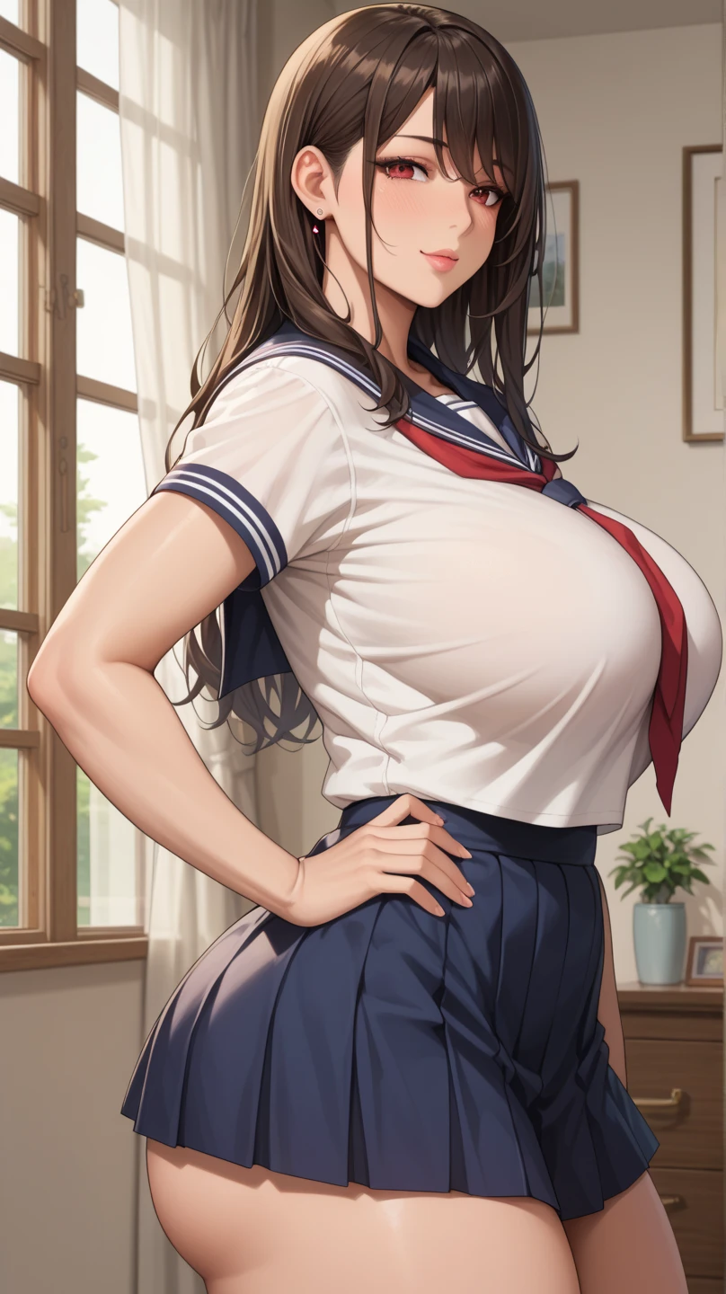 (8k, RAW photo, best quality, masterpiece, soft cinematic lighting, soft color:1.4),(ceiling, iook at camera,face focus:1.5), (realistic), (indoor background), (solo, mature woman,19years old:1.3), (sailor uniform,underboob,low-cut miniskirt,sheer :1.3), (embarrassed,red Cheeks:1.25), party chignon bronze color hair, clean skin, (smaller butt:0.9),(huge long wide heavy breasts:1.3), (thick, curvy:1.3),(very skinny:1.3)