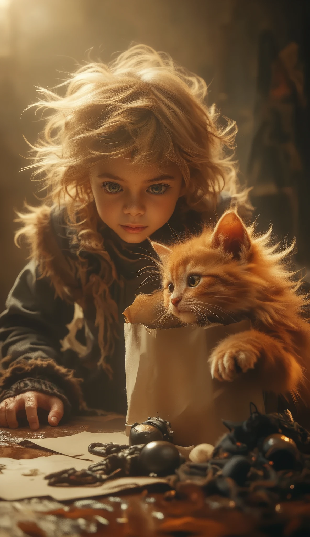 Realistic, Masterpiece, Fine Art 32k, A captivating scene depicting a young child with tousled blonde hair curiously leaning down, offering a paper bag to a playful orange kitten reaching up with one paw. The background features warm earthy tones, evoking an intimate atmosphere. Soft, dramatic lighting illuminates the subjects, creating a sense of focus and tenderness. The style reflects modern realism with painterly textures, reminiscent of classic narrative art. The composition features a low angle, emphasizing the interaction between the child and the kitten, adding an emotional layer. Ideal for Midjourney: --ar 16:9 --v 5 --q 2 --style hyper-realistic, warm lighting, cinematic (freckles), (pretty face), (sweaty skin), golden hour lighting, cinematic moody atmosphere, masterpiece, ultra-detailed, physically-based rendering, vivid colors, dramatic lighting, warm color palette. Employ rich sepia and rich indigo undertones to echo the rustic glow of firelight in a dim setting.