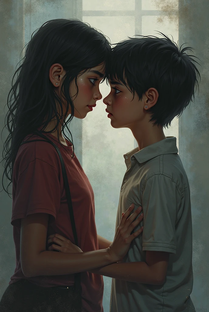 Image of a boy looking at a girl with love. The boy is wearing a shirt with the initial C and the girl the initial R horizontally, Hyper detailed, Oil painting style art 