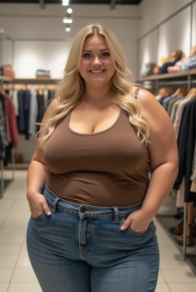 Chubby bbw thic fat blonde woman, blonde hair, wearing blue jeans and black blouse, posing for camera, in shopping mall with man, smiley expression