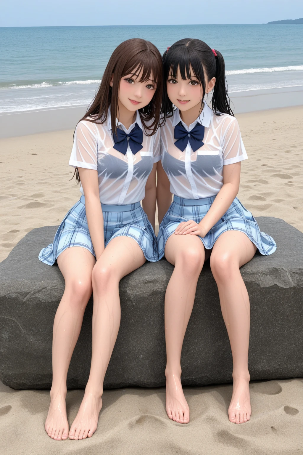 1 girl, So cute, Great face and eyes, (Beautiful lovely smile), (Very detailedな美しい顔), bright shining lips, Keep staring at me, so beautiful, (school uniform:1.3), Open chest、Cleavage、Big Breasts、(highest quality:1.4), (super high quality), (Very detailed), (surreal, Photorealistic:1.37), Real skin texture, 8K wallpapers incorporating highly detailed CG, RAW Photos, Professional photos, Cinema Lighting,Back view、turn around、Dark blue skirt、loafers、、Knee-high socks、Crossed leg pose、Skirt-Lift Flared Skirt 、Big Laugh Put Index Finger on Mouth、 High Ponytail、 Heart pose、