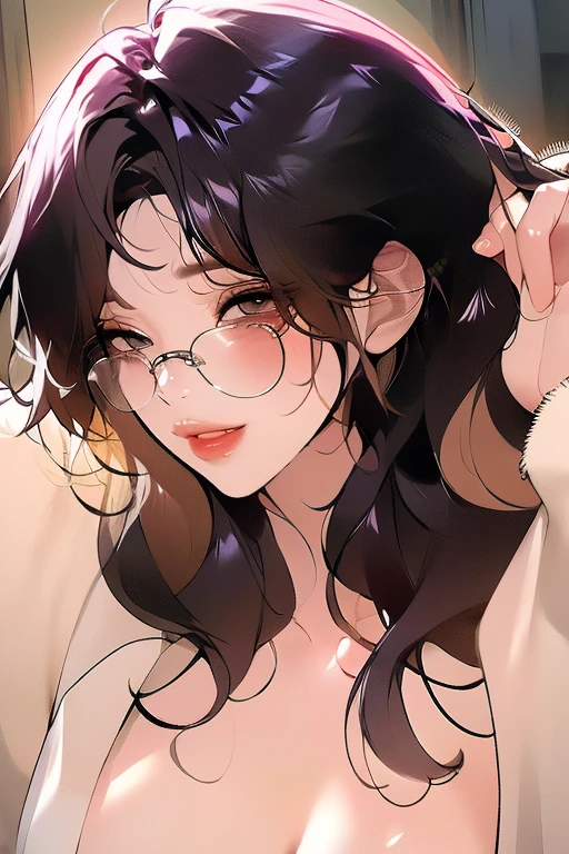 Anime woman, black hair, white highlights, light tan skin, yellow eyes, white sundress, sun hat, glasses, black nail polish, pouting