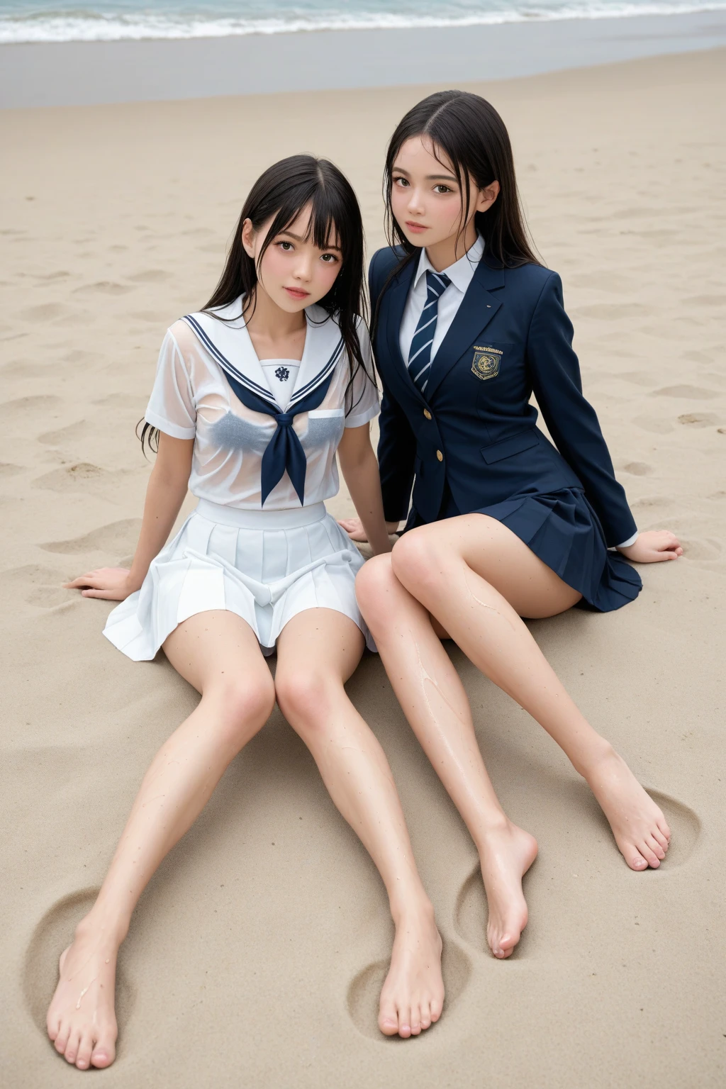 (8K), (Best Quality: 1.2), (Realistic), (Photorealistic: 1.35), (Dignified Expression)))), Ultra High Definition, 1 Girl, Cute, Smile, Closed Mouth, Beautiful Details, Beautiful Nose, Full Body, Colossal, School Uniform, ((Glossy Thighs)))), Emphasis on Thighs, High Fleshy, Sitting on the Beach, Selfie, With friends, Beautiful Legs,