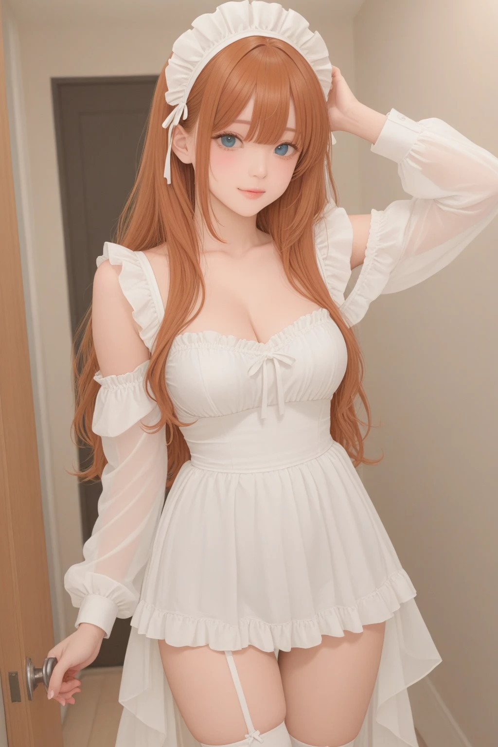 Little pretty girl red brown hair White ribbon Anime style White short dress huge tit Ruffled cuffs Half hide the chest spreads both leg