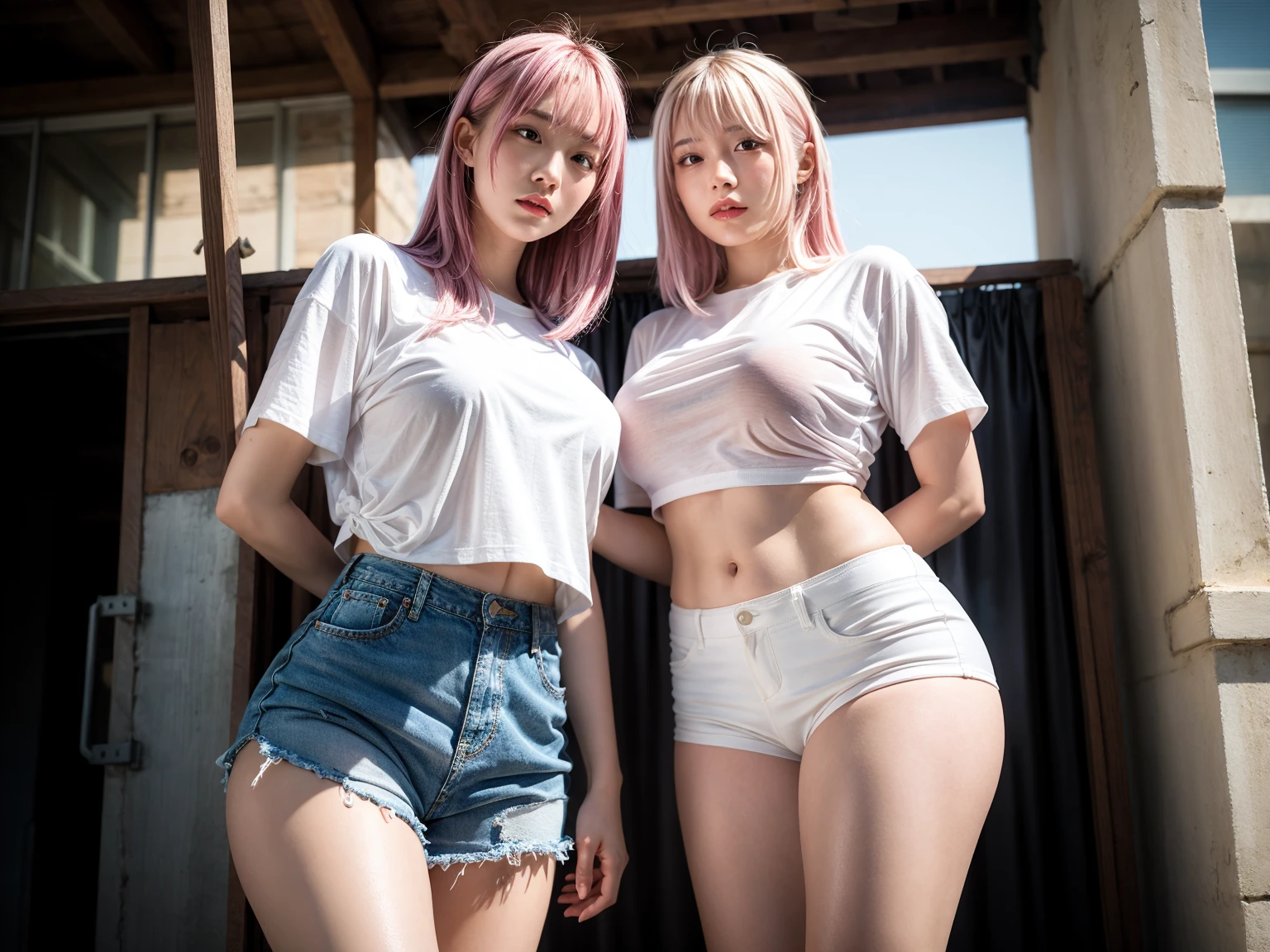 2 girls, 21yo girl,pink hair,long hair, wearing oversize white t-shirt, hot pants, wearing a baseball cap, natural big breast, show big thigh, plump body, single sidelock hairpin blush modern cinematic lighting,ray tracing,drop shadow wide shot UHD,textured skin,high details,best quality 4K, (from below:1.2), (realistic:1.1), (surreal:1.2), (very detailed:1.1)