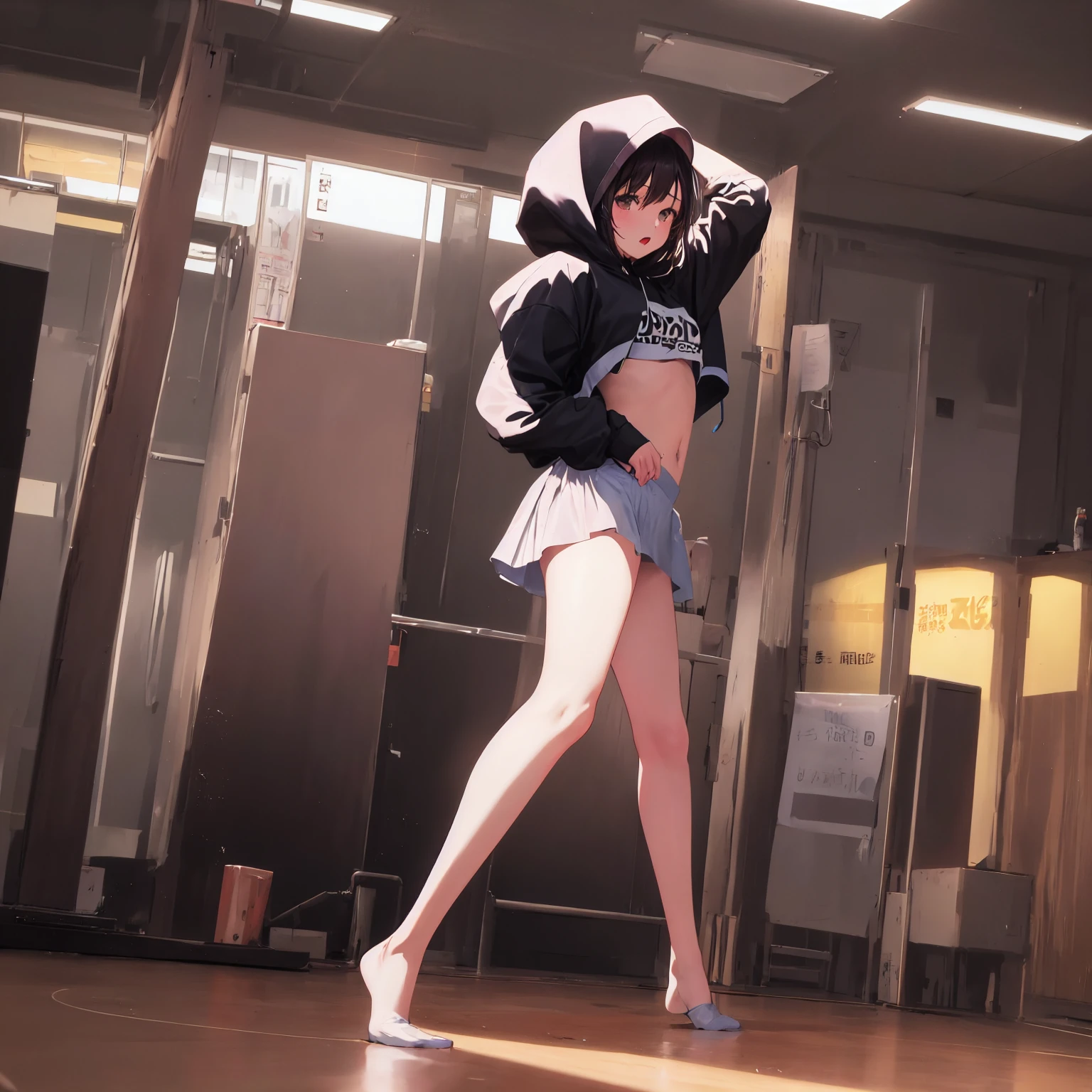 (masterpiece),(best quality),(ultra detailed),
highly detailed, intricate details, High quality shadow, Cinematic Light, MILF,
sole girl, full body, standing, black ponytail, hair ribbon, black and white crop-top, short skirt,
In a living room, shy, embarrassed, lifting up skirt herself, looking at camera,
bg_imgs,