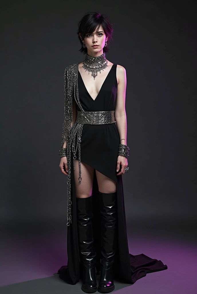 She is wearing a fitted, long-sleeved dress, black with details in a deep purple tone, that fits the body but allows freedom of movement. The dress has an asymmetrical design, with a slightly bare shoulder and a skirt that falls in irregular layers, giving it an air that is both elegant and intimidating..

About the dress, Mabel lleva una chaqueta corta black leather con adornos en forma de pequeños bordados de arcoíris en los puños y el borde del cuello. This contrast of bright colors with the darkness of her outfit highlights her rebellious essence., a reminder of the cheerful Mabel that still lingers beneath the mercenary facade.

Her high boots, black leather, They are designed for combat, with sturdy soles and adjustable straps that give you support. As an accessory, Mabel wears a thin belt with compartments for knives or small tools.. On your wrist, She wears a bracelet with beads that sparkle in the light, handmade and visibly out of place in such a serious environment.