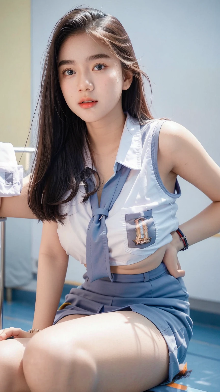 A cute girl is confined and tied up、Beauty、Make your eyes even、Hands are tied with ropes、Inside the hotel room、White short-sleeved shirt on the upper body、The lower half is light blue panties、Are standing、Age 25、Medium build、Like real life、highest quality、