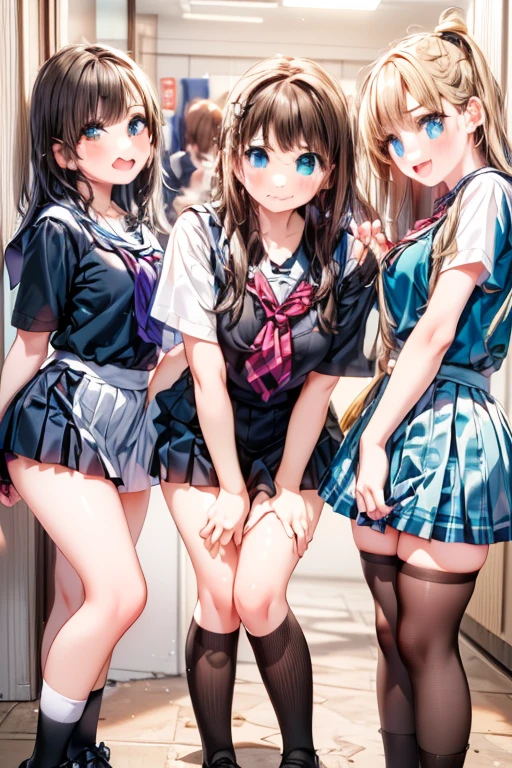 (Best quality, 8k, 32k, Masterpiece, UHD,:1.2),RAW, 2girls,ultra cute , natural lighting,transparent shining eyes, 20yo,medium breast ,fair complexion ,flushed face,dynamic Lighting, on stairs, ((school uniform)), crawling position on their hands and knees, closing legs, halfway up the stairs, shiny, show off panties, White or blue panties, Cameltoe, wedgie, Closeup panties, From Below