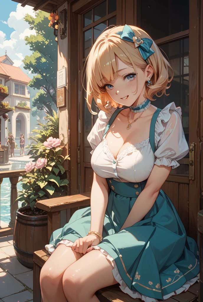 (Best quality, 8k, 32k, Masterpiece, UHD,:1.2),RAW, human, 1girl,ultra cute , ultra cute, natural lighting, transparent shining eyes, 20yo, medium breast ,femur, fair complexion , flushed face, ,Homemade Country Dress,long-sleeved dress in muted colors, Handmade apron for practicality and style, sturdy fabrics like cotton, Happily Smiling, ((sitting with legs outstretched)), on sofa, emerald green, From the front and above, Closeup shot, Cleavage Cutout, blonde ponytail, arms between legs, emphasizing the Cleavage, breast shot, heart