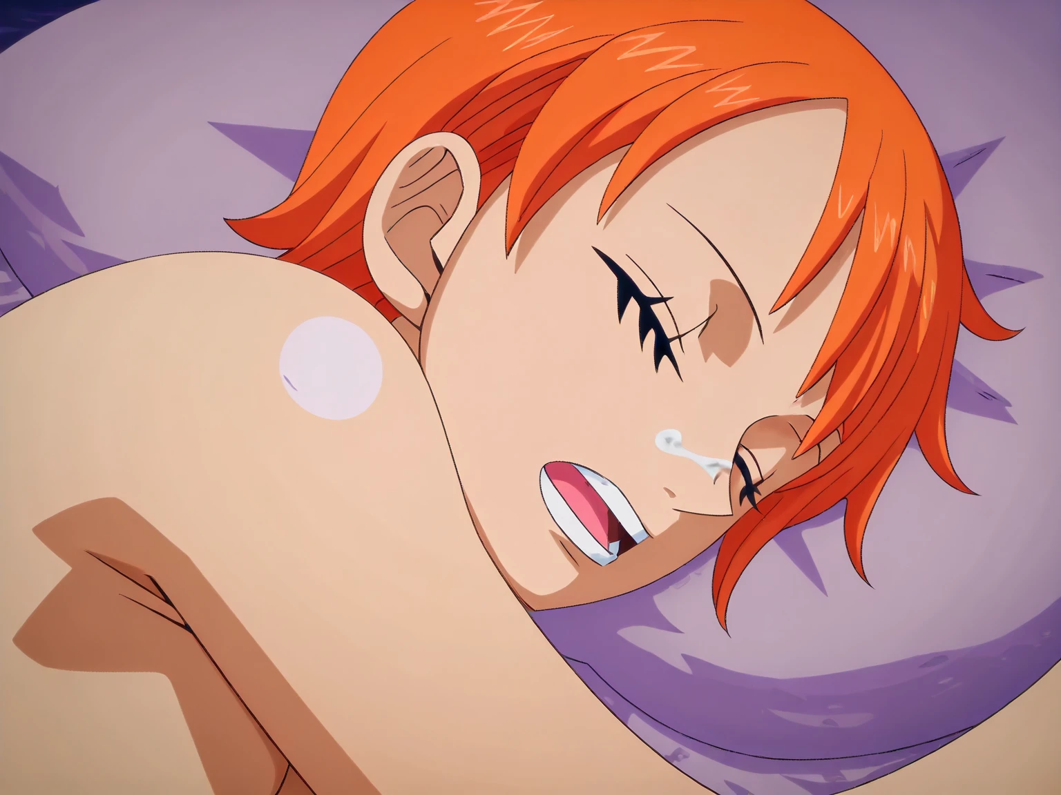 solo, Nami,1girl,orange hair,, short hair, blush, close up, nude, room, indoors, highres, side, on side, small breasts, nipples,, , head up, looking up, orange eyes, navel, looking down, hands on stomach, pussy, bed, lying, on bed, arm behind head,