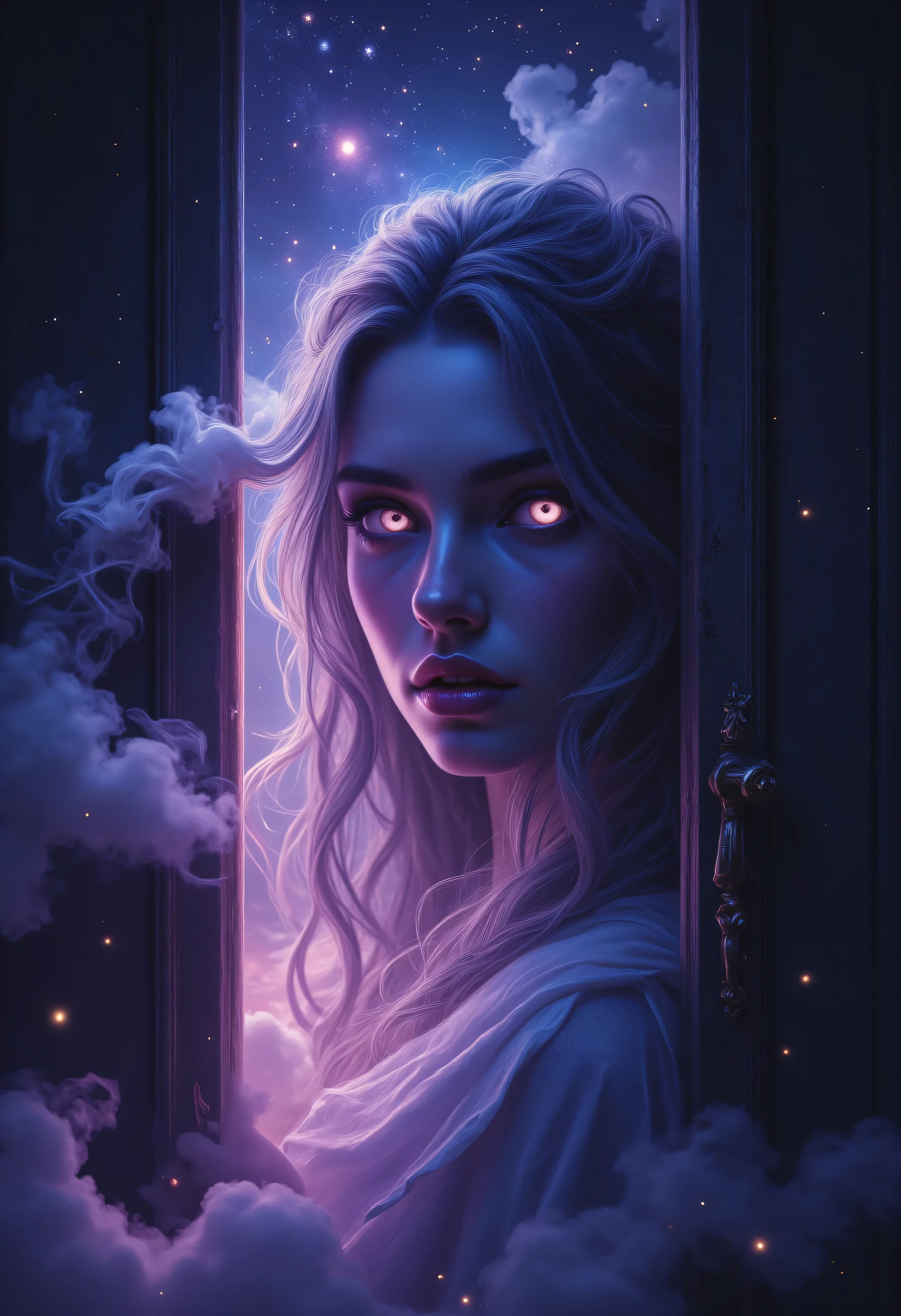 best quality picture of a half seen woman, with glowing eyes, behind a half open doors that hide the stars,  smoke rising from behind the door, dynamic background, vibrant, Ultra-high resolution, High Contrast, (masterpiece:1.5), highest quality, Best aesthetics), best details, best quality, highres, 16k, [ultra detailed], masterpiece, best quality, (extremely detailed), Shiny, diam0nd, magical sky, Intense gaze