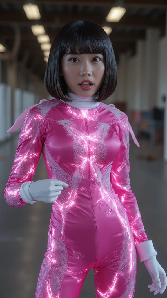 highest quality,masterpiece,Ultra-high resolution, Very detailed, 8k,A beautiful Japanese woman aged 25:1.5,Black hair ponytail、Crucifixion, smile:1.5.クロスにCrucifixionにされた女性:1.5, Wearing a shiny pink and white futuristic combat suit:1.5, Big Breasts:1.2, Voluptuous body