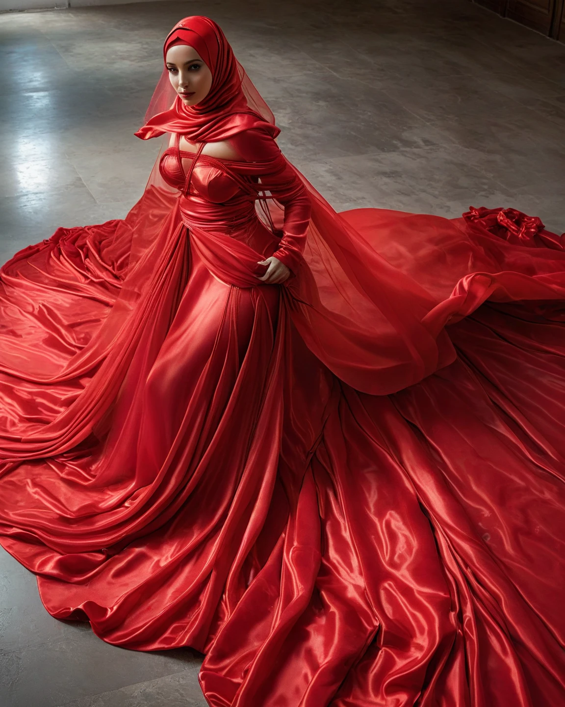 A woman shrouded in a 8-meter-long, plush red satin cloth, tightly bound and grandly draping along the form of her body, flowing off into a pooled floor-length train, wear sexy corset, styled in a mermaid-inspired outfit with very long train outfit, her head modestly veiled in a satin hijab, tall woman, walk on stage, sing in front of a microphone stand, a full-body pose conveying a sense of mysterious elegance, captured in a 4k resolution, ultra-realistic