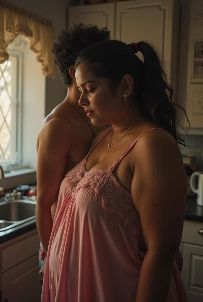 A beautiful matured indonesian woman, chubby and sexy body, tied hair , sweaty skin, wear sexy apron, huge breasts, sensual expression, cooking steak in the kitchen. Hug by a handsome indonesian boy from behind, look at the viewer, cinematic light, realistic photography, wide angle shot, detailed facial features, intricate clothing folds, soft lighting, warm color tone, bathroom, photorealistic, cinematic composition, high quality, 8k, masterpiece