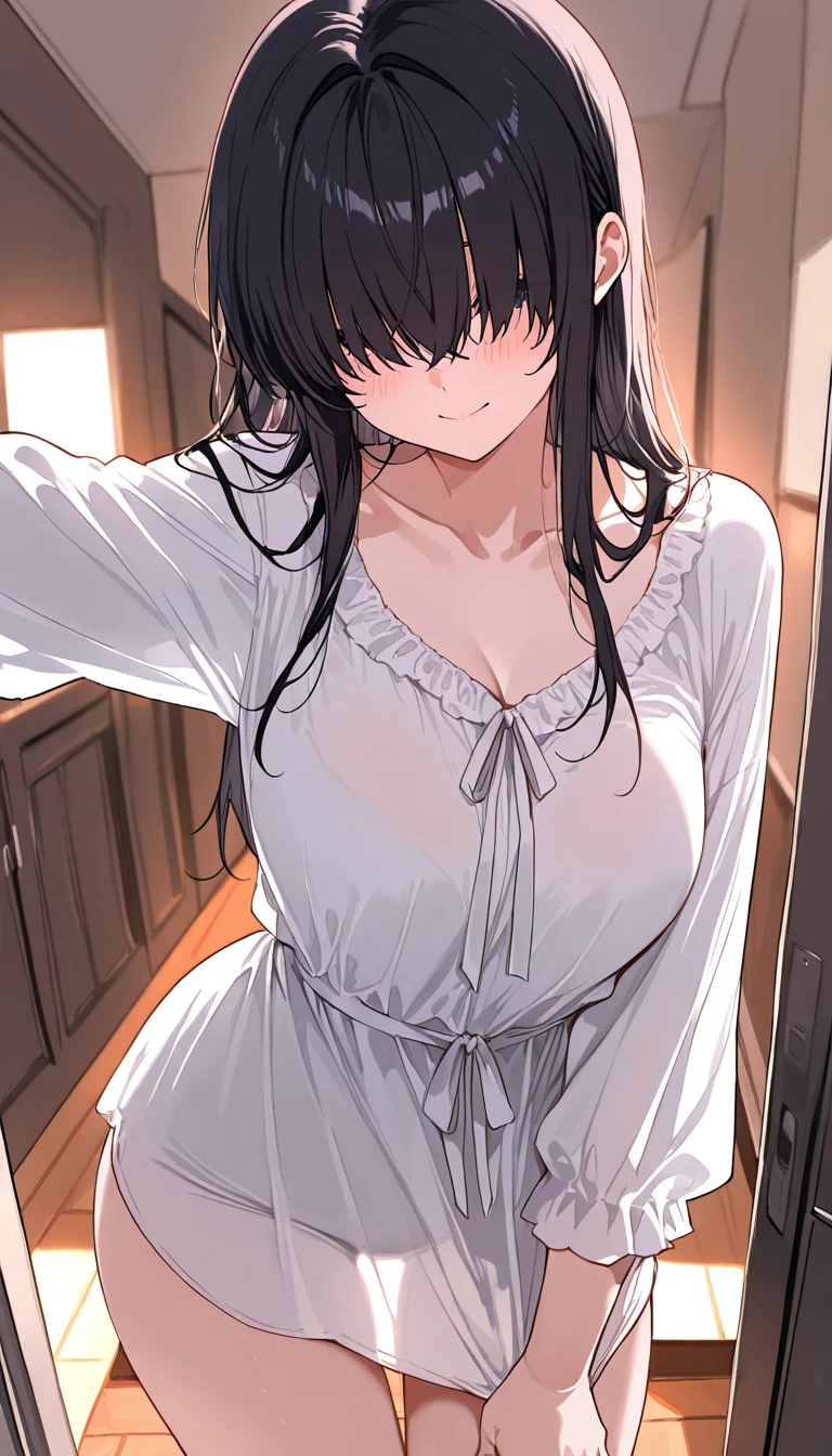 8k, masterpiece, best quality, 1 girl, college age, medium breasts , bangs, soft wavy hair , looking down, look back, blush