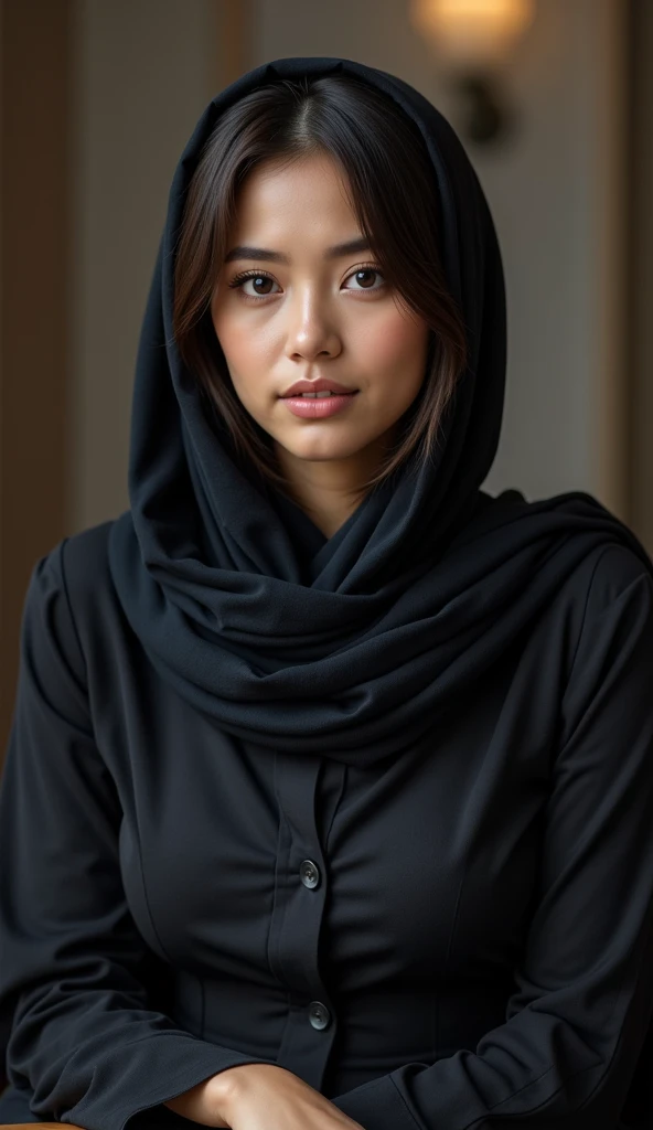 Passport photograph, black hijab girl with women't suit black and white