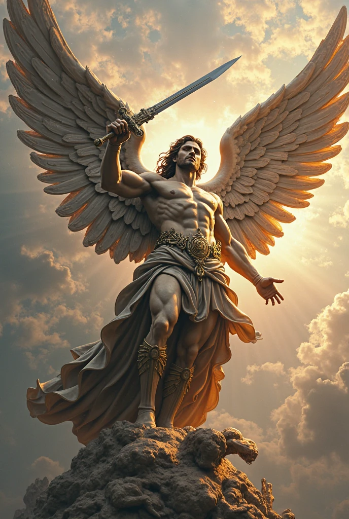 Full body, oil painting, canvas texture, old painting, Guardian Angel with a sword, ((white briefs, big bulge)), posing, no clothes, chest, abs, peen, Fairy tale, heaven background, Celestial body, preraphaelits, Frank Diksee, Edward Burne-Jones, Waterhouse. LEYENDECKER. old canvas texture