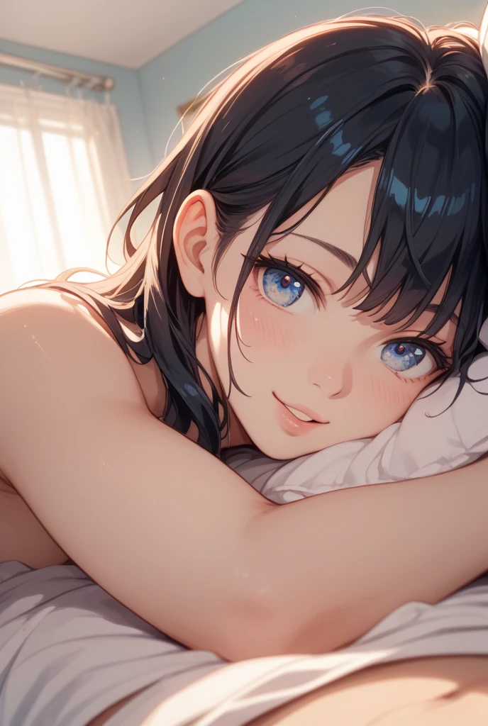 masterpiece、Highest quality、1 female、Very detailed Black Hair、Blunt bangs blue eyes、Detailed depiction of the eyes smile、blush Tank top Face is close、Face close-up、Bring your face closer Sheetに寝転がる、Lie down Sheet