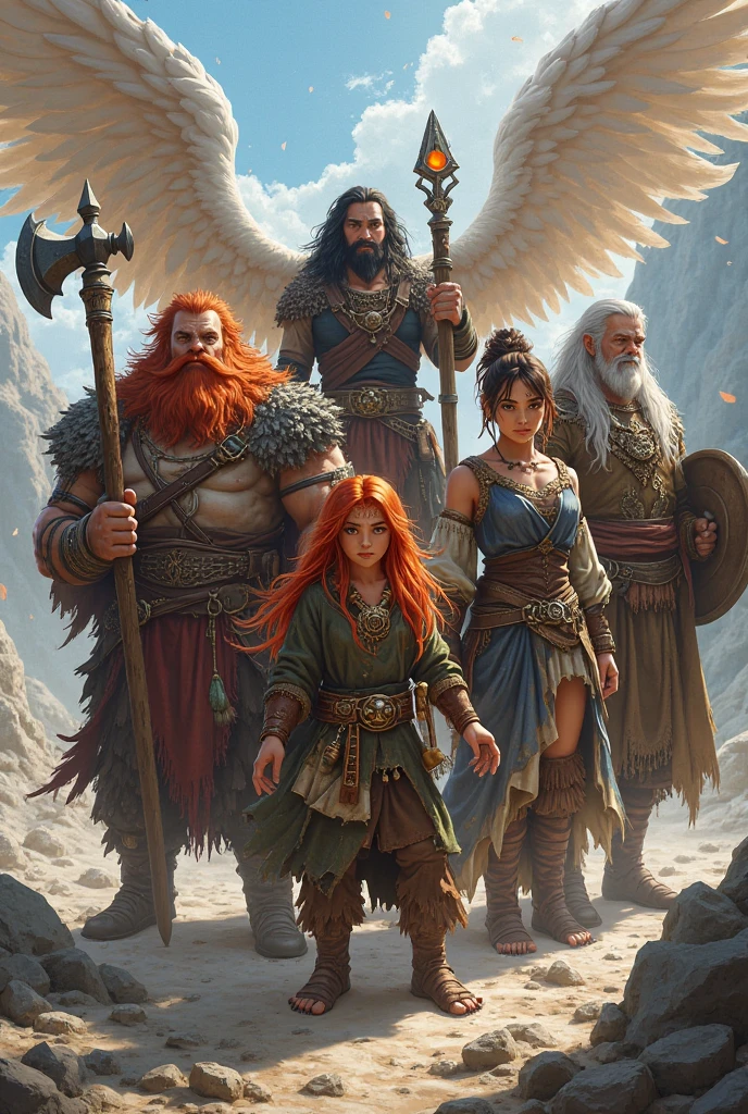 A group of six members, including;
A short, red-haired dwarf with an axe.
A female sorceress with brown hair carrying a staff with an orange orb.
A strong, tall man with triton features, black hair and beard, wielding a long sword.
A girl with red hair and claws wearing wild clothes.
A bald man with a black beard and draconic features wielding a sword and shield.
A male elf with wings and white hair.