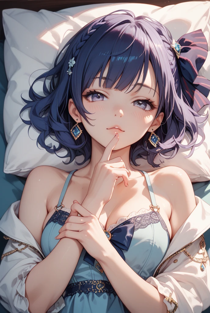 A 20-year-old girl lies on her stomach on the bed, mix4, Sweaters, pillow head, cparted lips, Open_Mouth, photorealestic, Photo_\(curly\), 独奏, stuffed_Animal, stuffed_toys, teddy_bear,(tmasterpiece),(realisticlying:1.3), Hyper-detailing, (highdetailskin:1.2),(best qualtiy:1.0), (超高分辨率:1.0), (Ulzzang-6500:0.3), Wavy detail hair, long whitr hair, rays of sunshine, (Beautiful detail makeup), (Sexual arousal blushing heavy breathing:1.0), Flower theme flower petals scattered, (Soft glow overflow:0.5),H cup big breasts,Blush,Wear black tights,