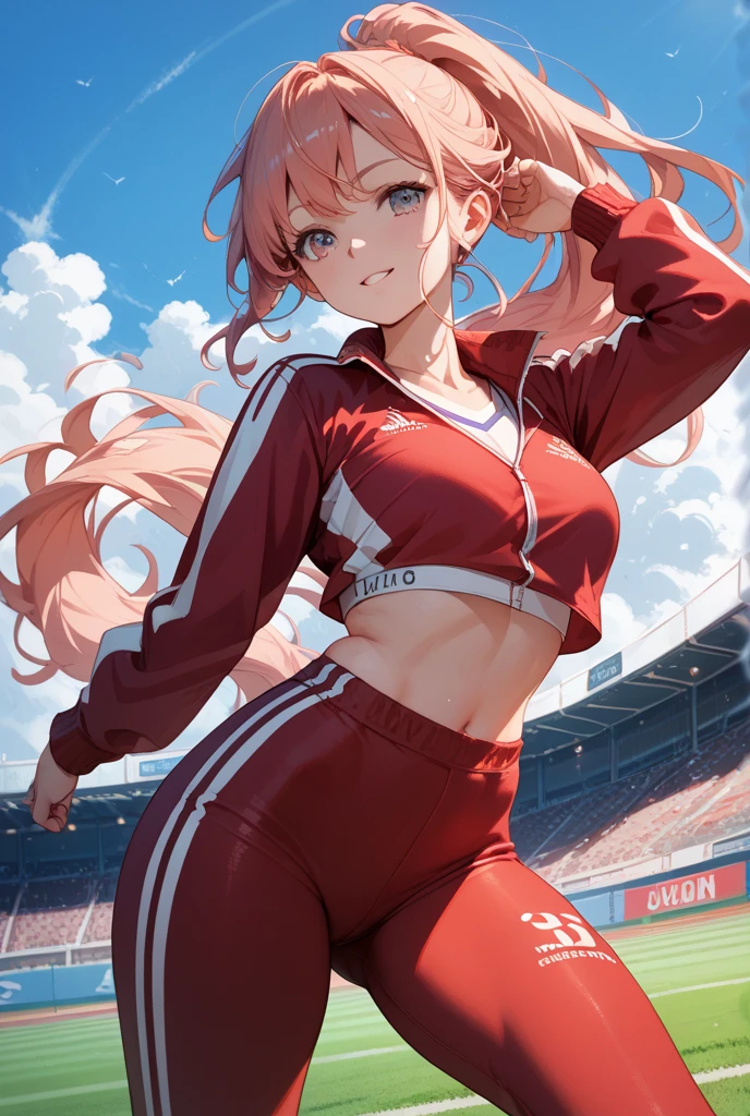 ((mejor calidad)), ((Obra maestra)), (detallado), cara perfecta, chica, femenina, delgada, curvilinear, small breasts, altura promedio, ropa deportiva, ojos grises, ojos color grises, long eyelashes, mejillas rosadas, labios rosados, sonriente, cabello rojo, peliroja, cabello hasta los hombros, cabello desordenado 