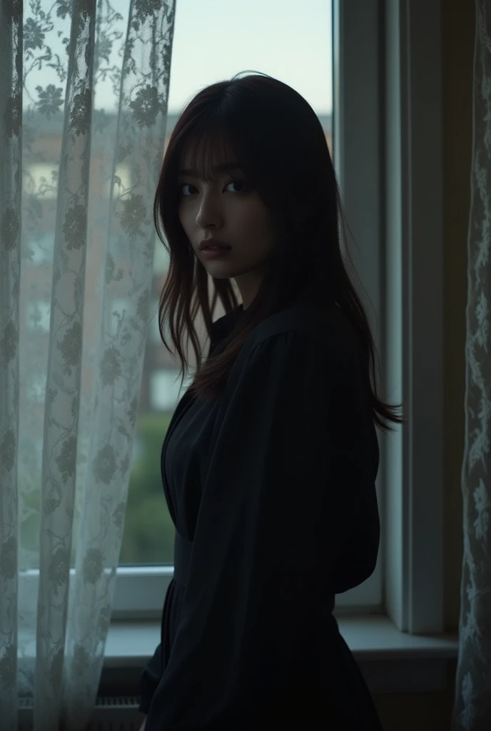 photorealistic, 8k, high quality, cinematic lighting, vibrant colors, detailed textures,one girl, wearing white buttoned long sleeve, tucked in a blue jeans, hands up, back against a cement wall, very dark basement, scared face, ((looking at the viewer)),(( hands are raised upward)), red head, japanese, cute face,