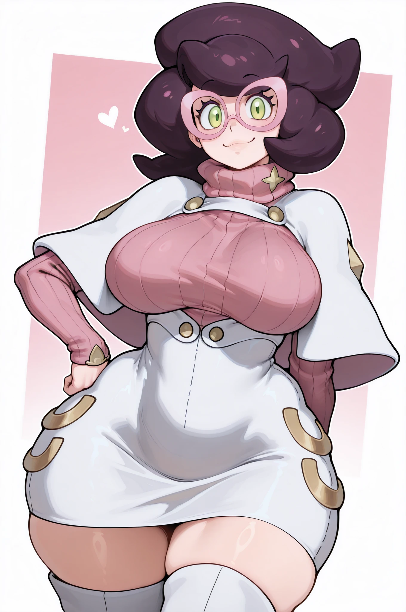 wicke \(pokemon\), neo_hajime, stuffyai_800style, (masterpiece), (best quality), (ultra-detailed), amazing quality, very aesthetic, illustration, perfect composition, intricate details, absurdres, incredibly absurdres, shiny skin, shaded skin, glossy skin, realistic, 1woman, solo, girl focus, (masterpiece, best quality), highres, Wicke (Pokemon), Wicke /(Pokemon)/, green eyes, purple hair, short hair, big hair, skirt, long sleeves, boots, glasses, sweater, turtleneck, thigh boots, white footwear, white skirt, ribbed sweater, arm behind back, turtleneck sweater, pink-framed eyewear, (large breasts, wide hips , thick thighs:1 . 4), gentle, mature, motherly, smile, hand on hip, looking at viewer, dymanic pose, dynamic angle, simple background, outline, black outline