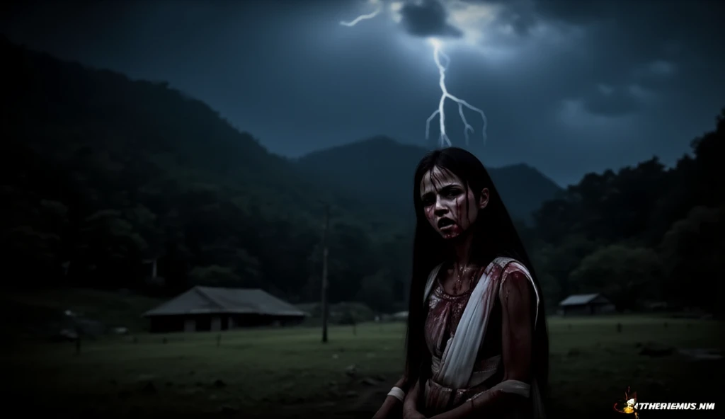 low-angle shot, night photo of heavy rain and fog in a village near a banana plantation. there is a head of a woman and stomatch contents with red sauce, unkempt black hair, angry and pale white, with black eyelids facing the camera. flying high in the air with splash of red sauce on his teeth, his eyes glowing red. only head and stomatch contents. Taken with canon EOS R5, RF 24-105mm f/4L IS USM, RF 24-105mm f/4-7.1 IS STM, professional photo