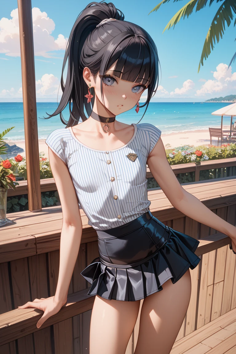 1 girl, alone, Laura S. Alceid (long dark blue hair, Ponytail and side van, ), ((In a school dress showing off her panties)), blush、Short clothes that show your waist、Classroom on the second floor with a sea view、Belly button look、