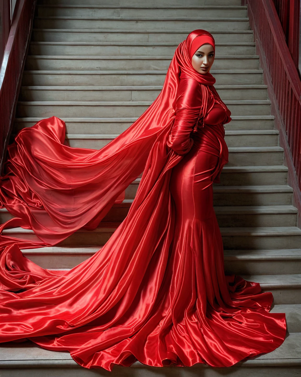 A woman shrouded in a 10-meter-long, plush red satin cloth, tightly bound and grandly draping along the form of her body, flowing off into a pooled floor-length train, styled in a mermaid-inspired outfit, her head modestly veiled in a satin hijab, tall woman, walking in room, a full-body pose posing in front of people, captured in a 4k resolution, ultra-realistic