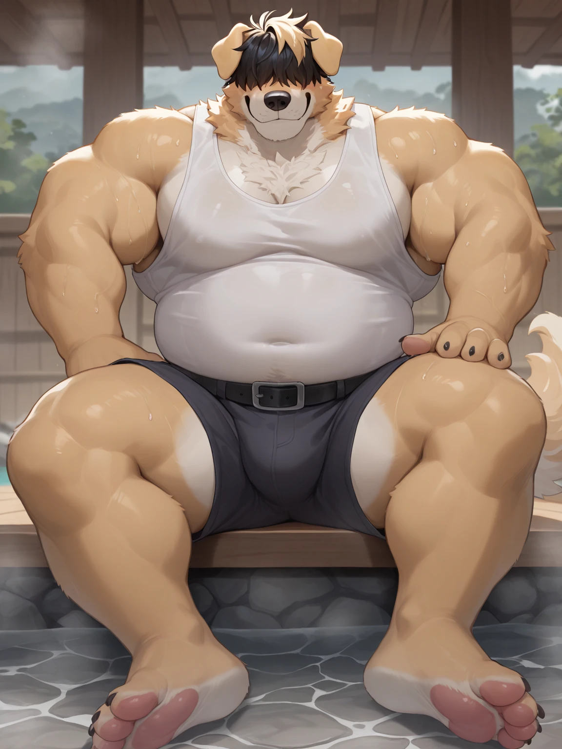 A chubby shirtless anthropomorphic black lab wearing, a orange speado, at a pool, full body, solo,