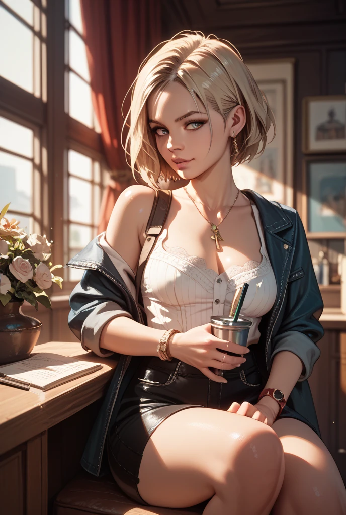 (((2 girls))), Tia is shown to have a fairly slender figure. She has white-grey hair , she has short hair and large pale green eyes, Best quality, highly detailed, high resolution raw image, ultra sharp, sharp mullet focus, girl inside a school, classroom, off shoulder sitting on a chair with a book in front of her writing, cleavage exposed, cowboy shot, high school uniform