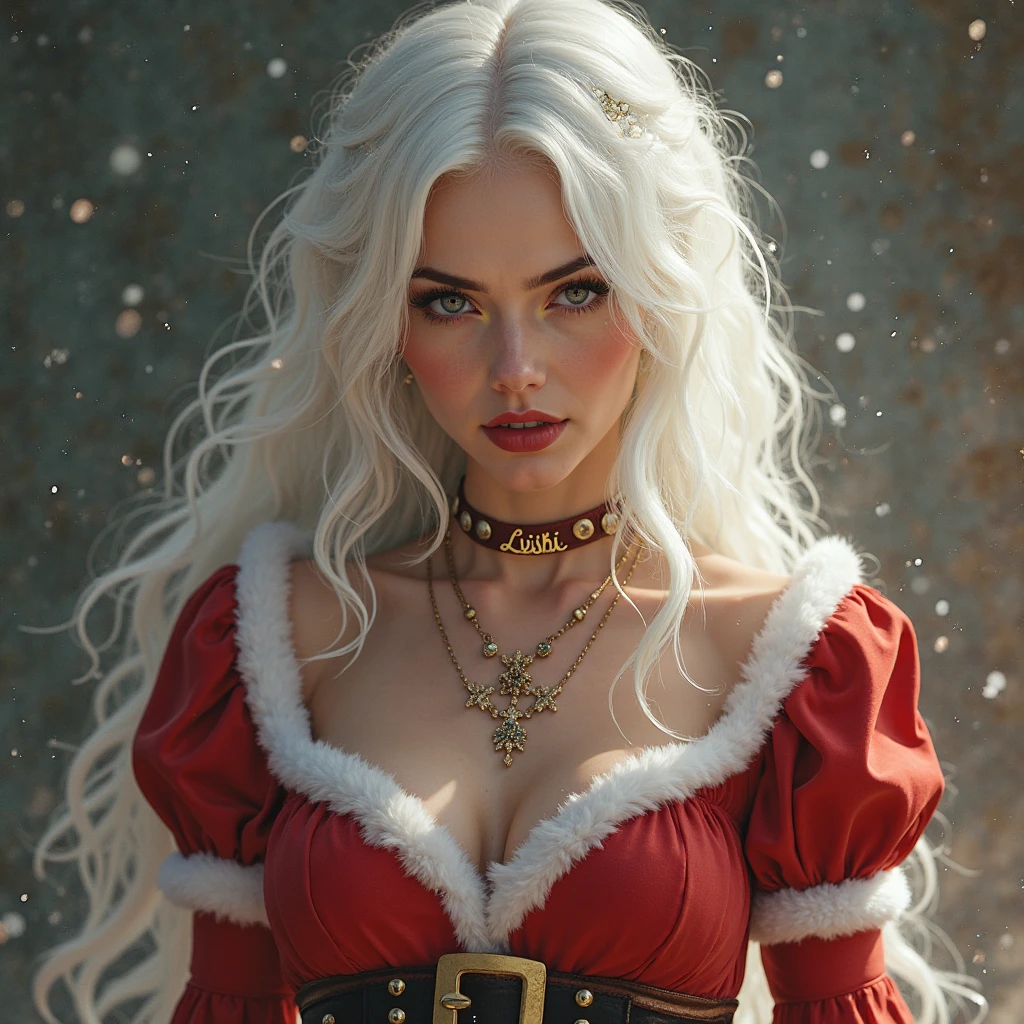 (MASTERPIECE) A snow-white D&D fighter, inspired by Morgana from League of Legends, channels the essence of a female Disney villain as a sorceress with a hat and whip, embodying a dark Christmas-themed supervillain.
