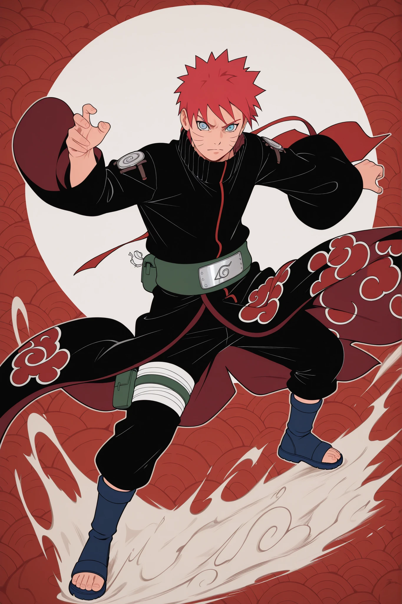 flat color, WaifuDiffusionStyle, neutral background, white splash stylized outline background, 1boy, ((uzumaki_naruto)), whisker_marks, red_hair, blue_eyes, stern_expression, black_robe, brocade_patterns, wide_sleeves, high_collar, ornate_belt, crimson_gems, leather_boots, tall_stature, confident_stance, windswept_hair, stylized_art, warm_soft_lighting, mature_sensual_atmosphere