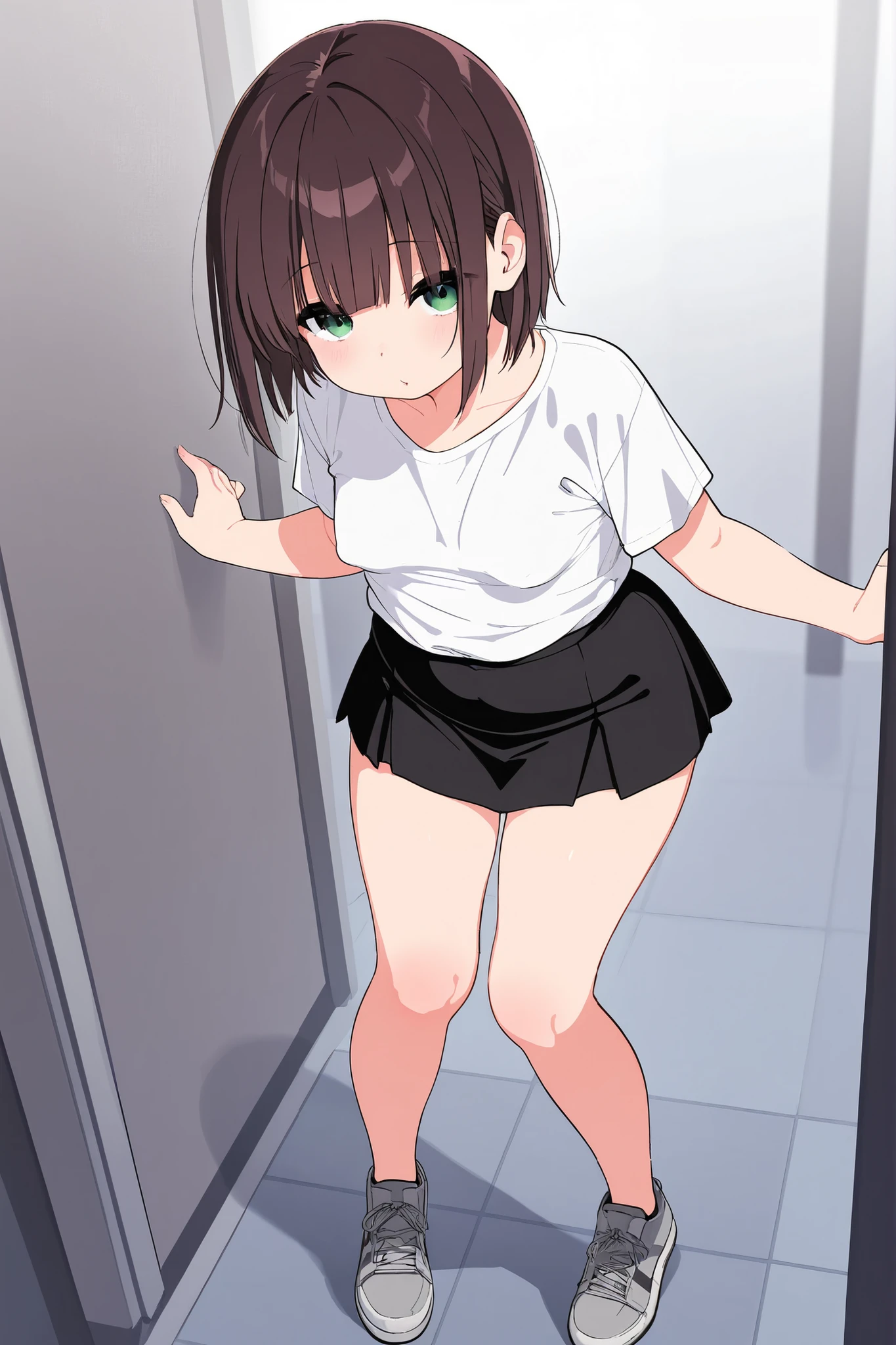 Yukimi, 10.,Full nudity, Completely naked,Blunt bangs, Shortcuts,,Flat Chest, Expressionless, shy, whole body, Highest quality, School classroom、pussy、Angle from below、Standing posture、(pussy:1.4)、(Masturbation:1.4)、(male'Head between thighs:1.4)、Embarrassing、Small nipples