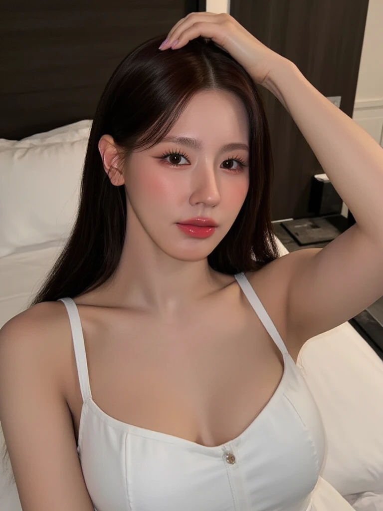 ((best quality、16k、masterpiece ,:1.3))、(beauty woman、1Girl、huge tits:1.2、Slender abs:1.1)、(all on fours、Get on your knees)、(Ultra-detailed face、highly detailed lips、detailed eye、double eyelid)、disheveled hair、(White bed)、(posing)、(Black see-through bra、T-back)、(Very sleepy look)、from below Dimly lit room Soft lighting