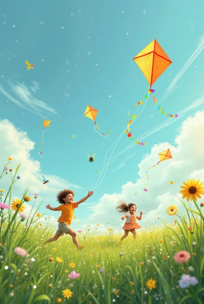 There were three children running in the field with a kite on a beautiful sunny afternoon., They ran and laughed happily together.