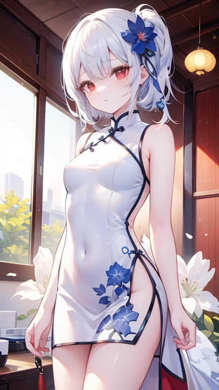 White Chinese Dress Groin Background plants See-through No panties No pubic hair
