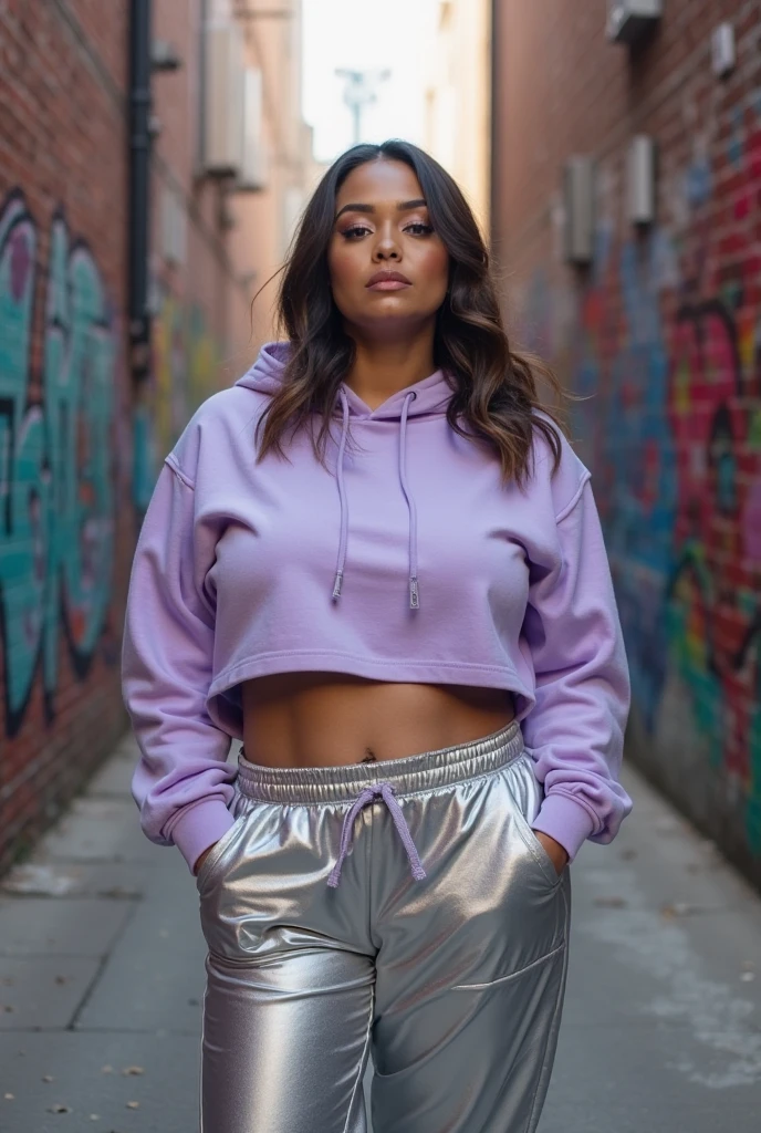 yet curvy witch with a belly button piercing. She has slightly droopy eyes, thick straight eyebrows, a straight medium-width nose, and full, slightly downturned lips giving her a serious expression. Her skin is light and smooth, with a soft jawline. She's wearing pink low-rise gym shorts that reveal her hip bones, paired with a short pink hoodie. Her dark hair is tied in a ponytail, and she has fake eyelashes. The overall look should be provocative and alluring, emphasizing her thicc figure and exposed midriff.