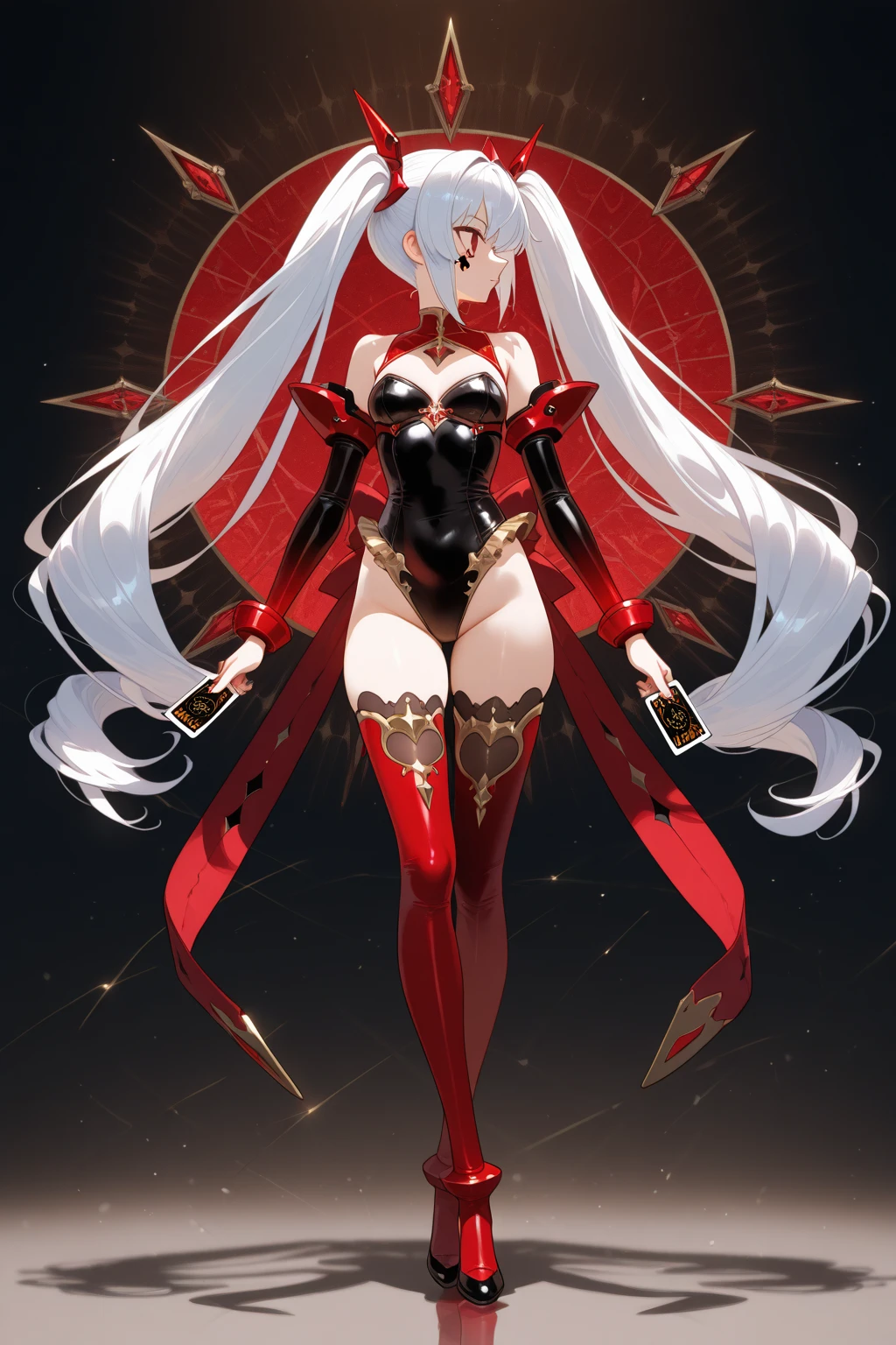 masterpiece, best quality, 1girl,pole dancing, standing,<lora:Pole_Dancing:0.9>,1girl, bangs, breasts, eyebrows_visible_through_hair, hair_ornament, light_particles, long_hair, looking_at_viewer, medium_breasts, red_background, red_moon, solo, space, star_\(sky\), starry_sky, twintails, very_long_hair, yellow_eyes,<lora:Luna:0.6>,