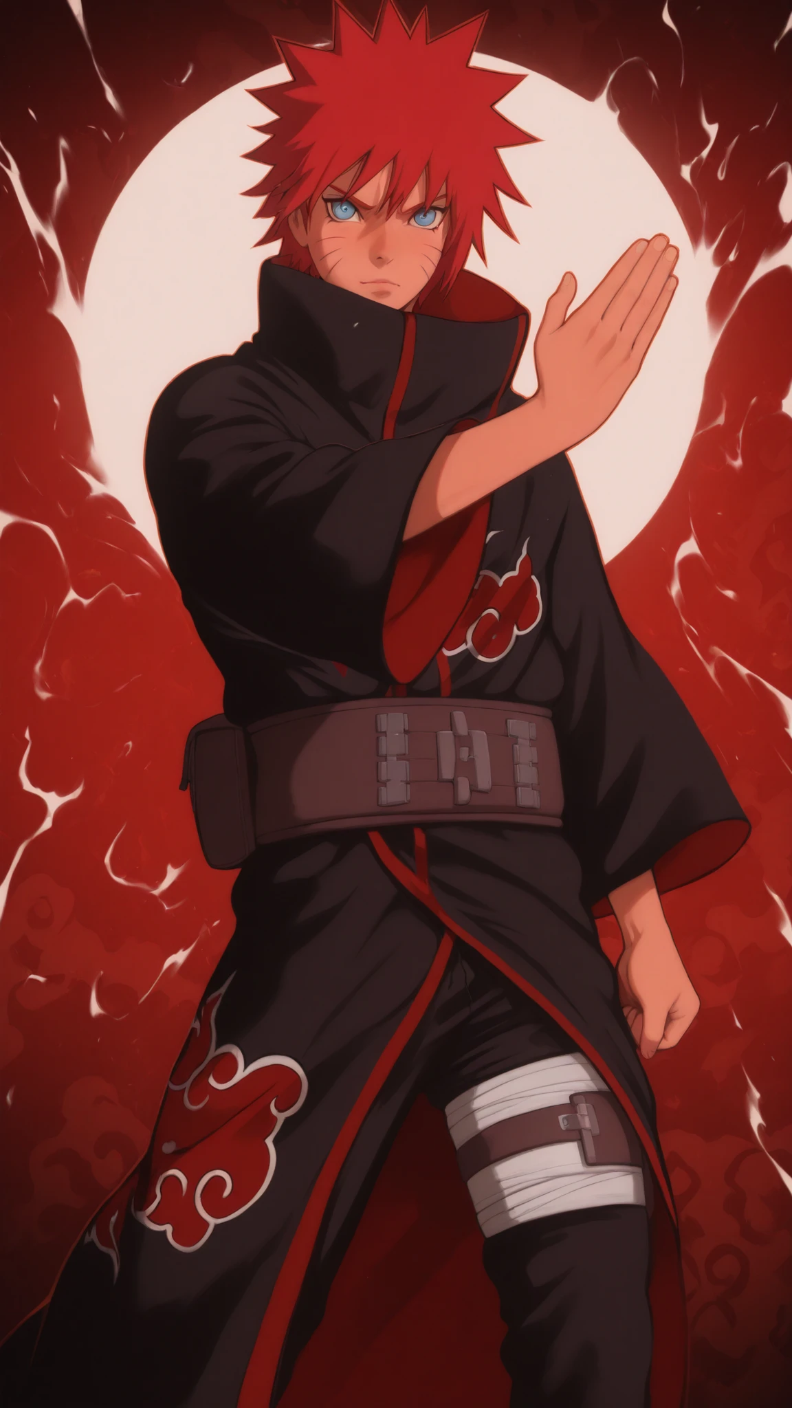 flat color, WaifuDiffusionStyle, neutral background, white splash stylized outline background, 1boy, ((uzumaki_naruto)), whisker_marks, red_hair, blue_eyes, stern_expression, black_robe, brocade_patterns, wide_sleeves, high_collar, ornate_belt, crimson_gems, leather_boots, tall_stature, confident_stance, windswept_hair, stylized_art, warm_soft_lighting, mature_sensual_atmosphere