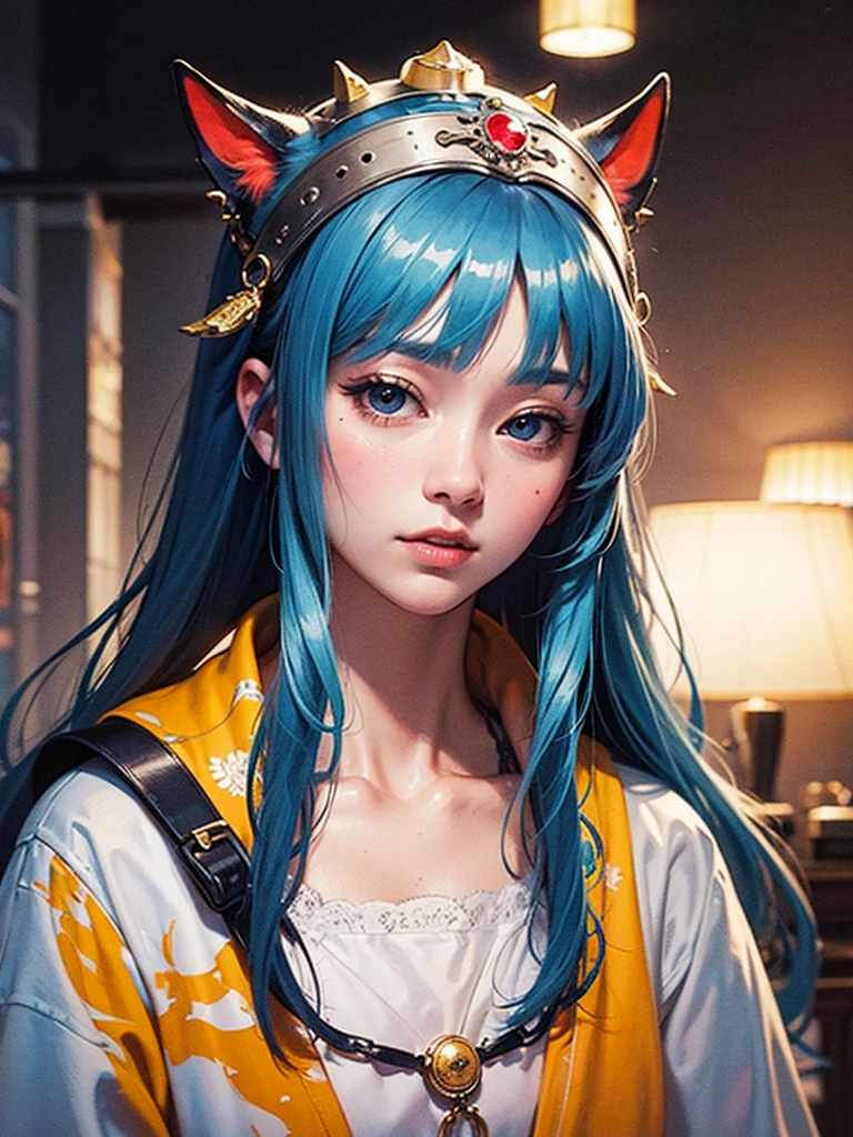 Girl Huya Cat Ears Wearing Blue Silk Scarf Blue Hair Long Hair Curly Cute Monster Elegant Five Fingers