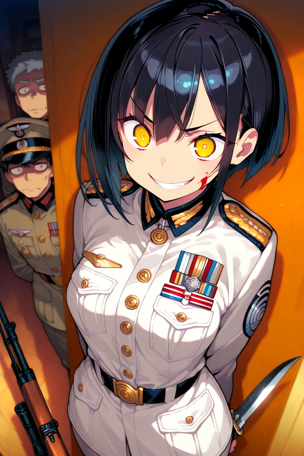 masterpiece, highest quality, Absurd, High resolution, Very detailed, One girl, alone, Cowboy Shot, ((IJA Taisho, Khaki uniform, Combatant,Golden Sling,General positions, Medal in left chest,)),Black long boots,medium chest,  chest,  Tight waist,  Black Hair,  Blunt bangs, Red eyes, Conceit,Wicked Smile,  White gloves, holster, Leather Belt Pouch, City in Ruins, Ruined streets, burning, Night Sky, Battlegrounds, crater,Open your chest、Seductive face、Stick your ass out here、Spread your vagina with both hands、showing anus,wet pussy,Crouching
