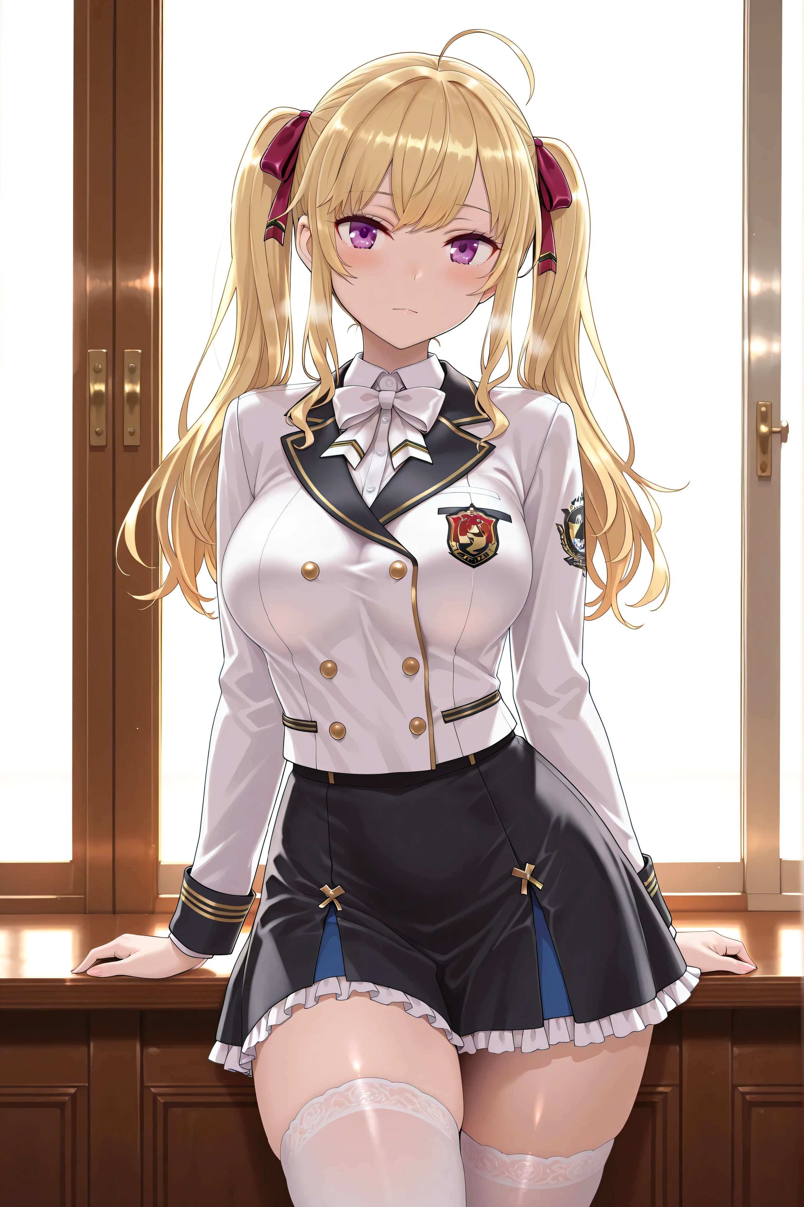 solo,masterpiece,best quality, amazing quality, highres, absurdres, very aesthetic, high resolution, ultra detailed, perfect details,nijirion,large breasts,purple eyes,blonde hair,twintails,ahoge,hair ribbon,nijirioncos,white shirt,white bowtie,white jacket,black lapels,button,black skirt,frilled skirt,miniskirt,white thighhigh,(masterpiece, detailed:1.2)