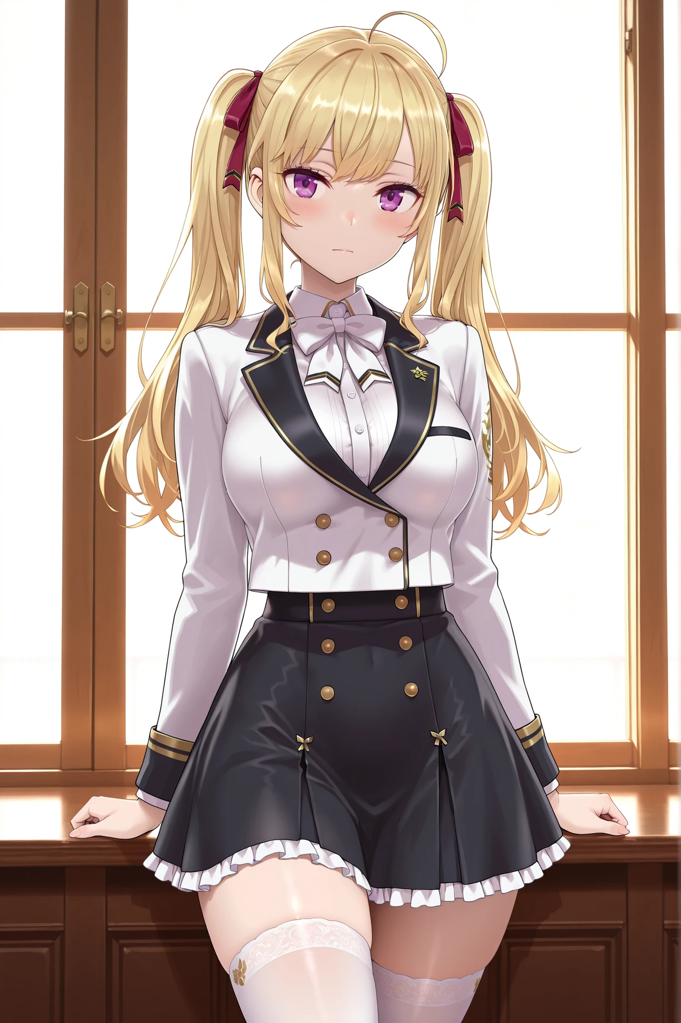 solo,masterpiece,best quality, amazing quality, highres, absurdres, very aesthetic, high resolution, ultra detailed, perfect details,nijirion,large breasts,purple eyes,blonde hair,twintails,ahoge,hair ribbon,nijirioncos,white shirt,white bowtie,white jacket,black lapels,button,black skirt,frilled skirt,miniskirt,white thighhigh,(masterpiece, detailed:1.2)