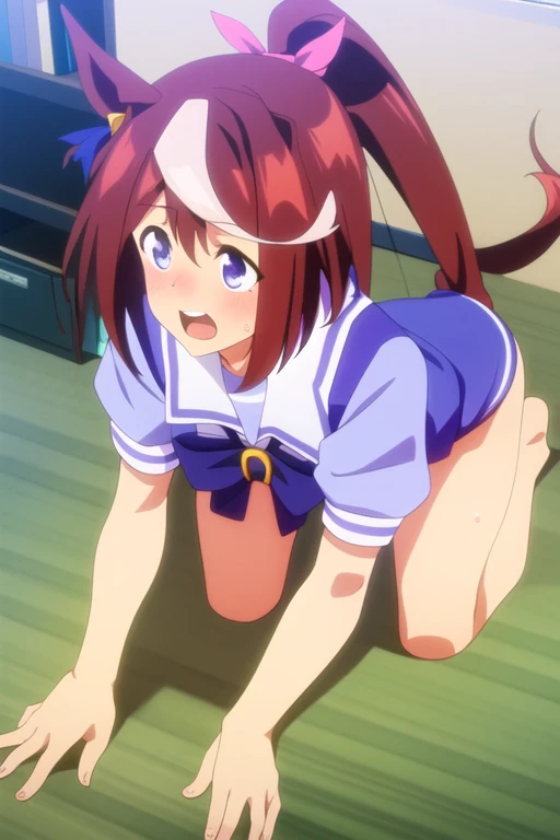 (Have sex with a man:1.6), (Beautiful ass), (Male genitalia inserted into female genitalia:1.6), (Semen dripping from female genitals), One girl, Daiwa Scarlet \(umamusume\), umamusume, Back view, Highest quality, Very detailed, masterpiece, Ultra-high resolution, 8k, High Contrast, Sailor suit, (Micro Mini Skirt), (Light blue striped see-through panties), Sticky panties, Camel Toe, Bare back, Cut back, Side bust, Black Stockings, (Thighs), (Curvy waist), Shower room, (From above)