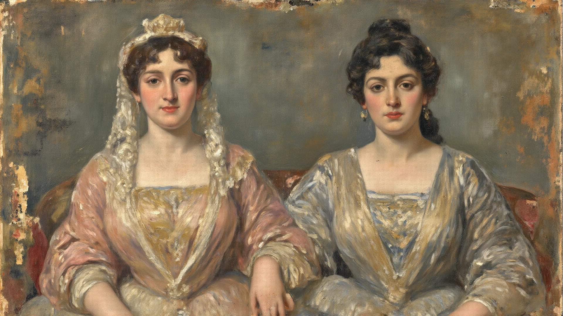 Oil Painting of 2 Greek women in love, 2 women, sexual, Sapphic, no frame, neo-classicism, John William Godward, Alexandre Cabenel, aged paint, Salvator Rosa, oil on canvas,
