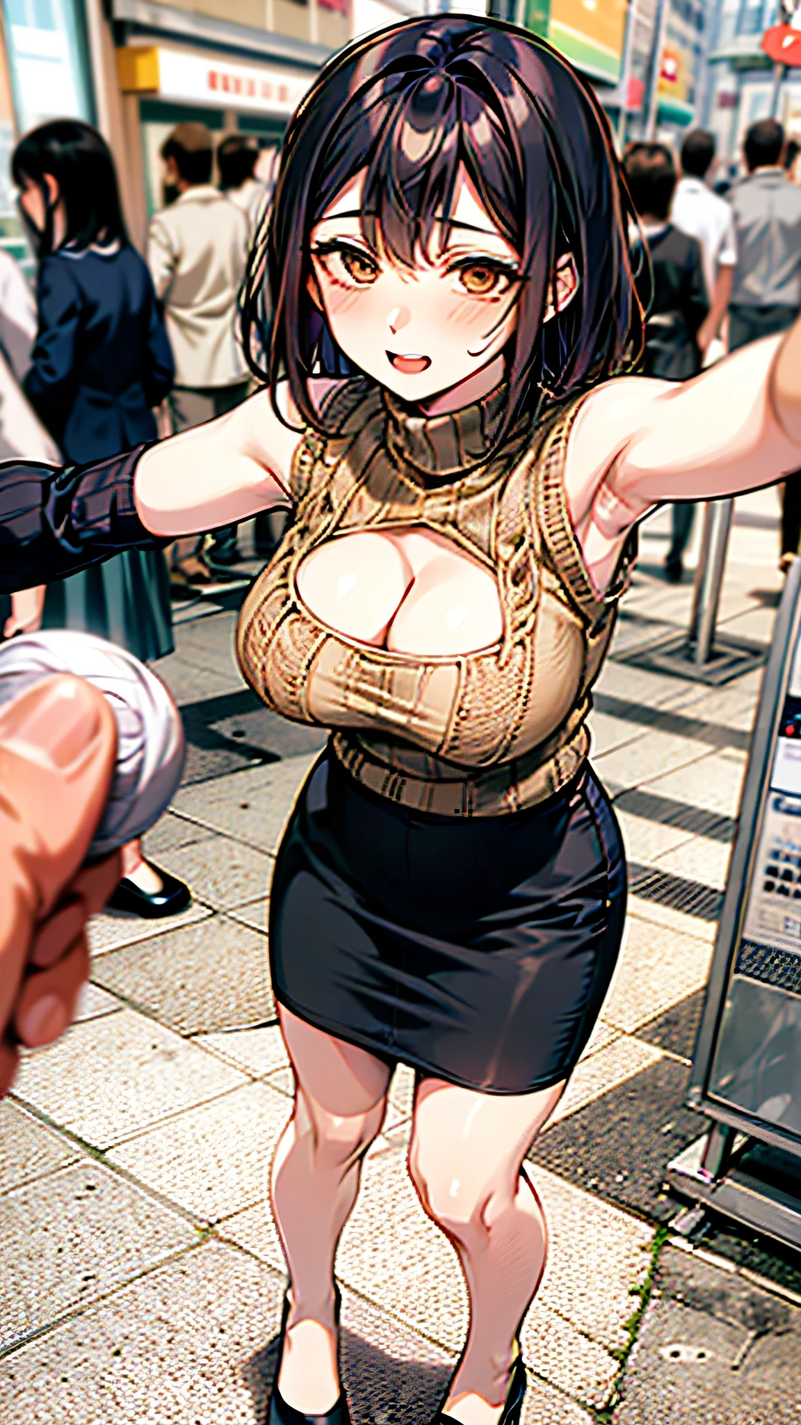 crowd,station home,womanhood,30 years old,adults,Sex appeal,Ahe face,armpit,(( knit )),Turtleneck,Cleavage,((sleeveless)),high heels,((speech bubble)),Standing,pencil skirt,pantyhose